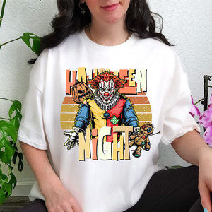 Halloween Shirt Halloween Night Clown Creepy Doll Pumkin Sunset Retro Halloween